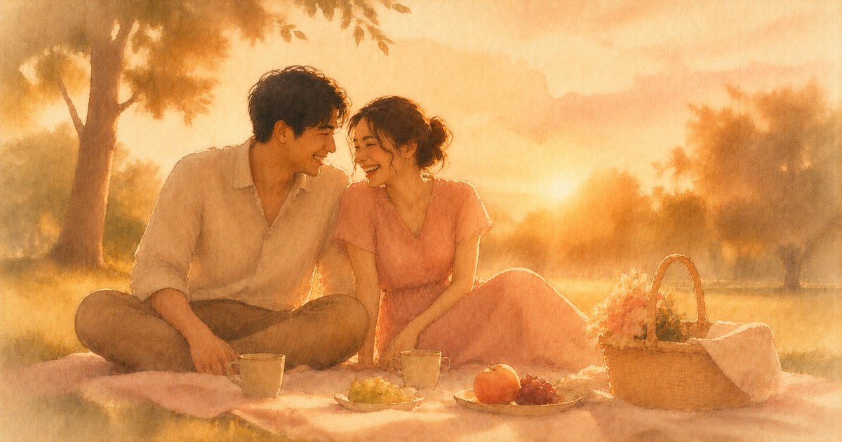 The 777 Rule cover — a soft watercolour of a couple on a golden-hour picnic date, sharing cups and fruit on a blanket