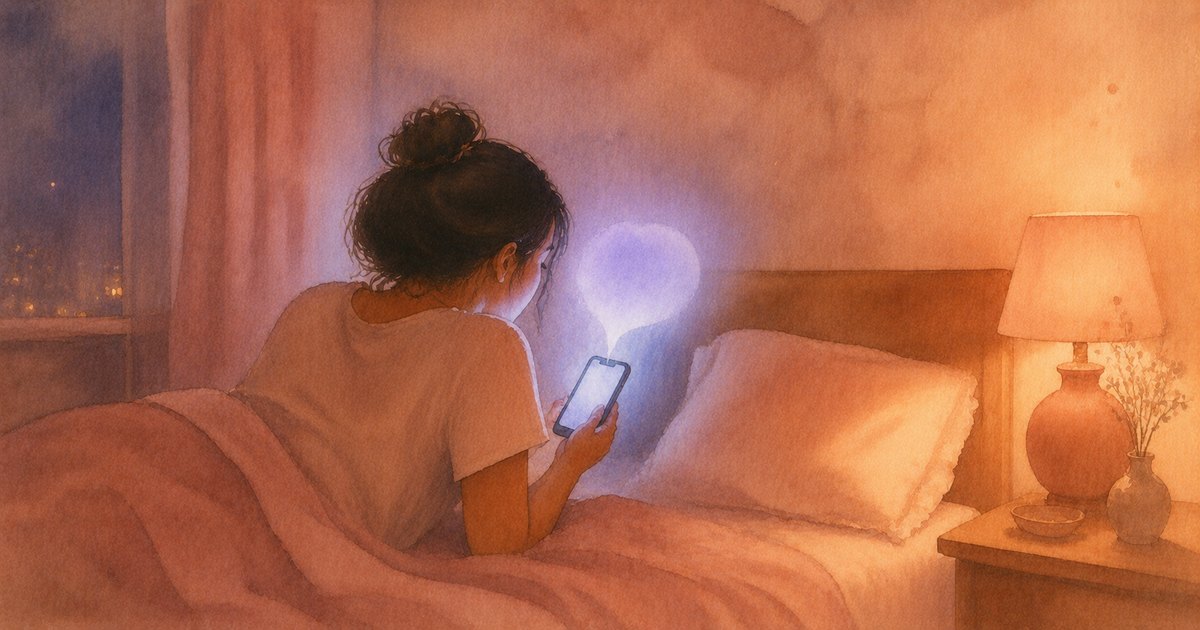 AI Situationships cover — a watercolour of a woman in bed at night, her phone glowing into a heart