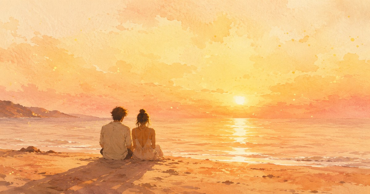 Freckling cover — a soft watercolour of warm golden-hour summer light over sand, with a low sun and freckled bokeh, evoking a fading summer fling