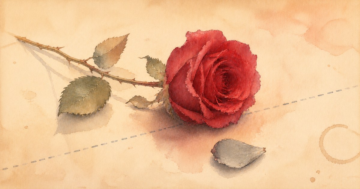 The Ick cover — a watercolour rose with one grey wilting petal