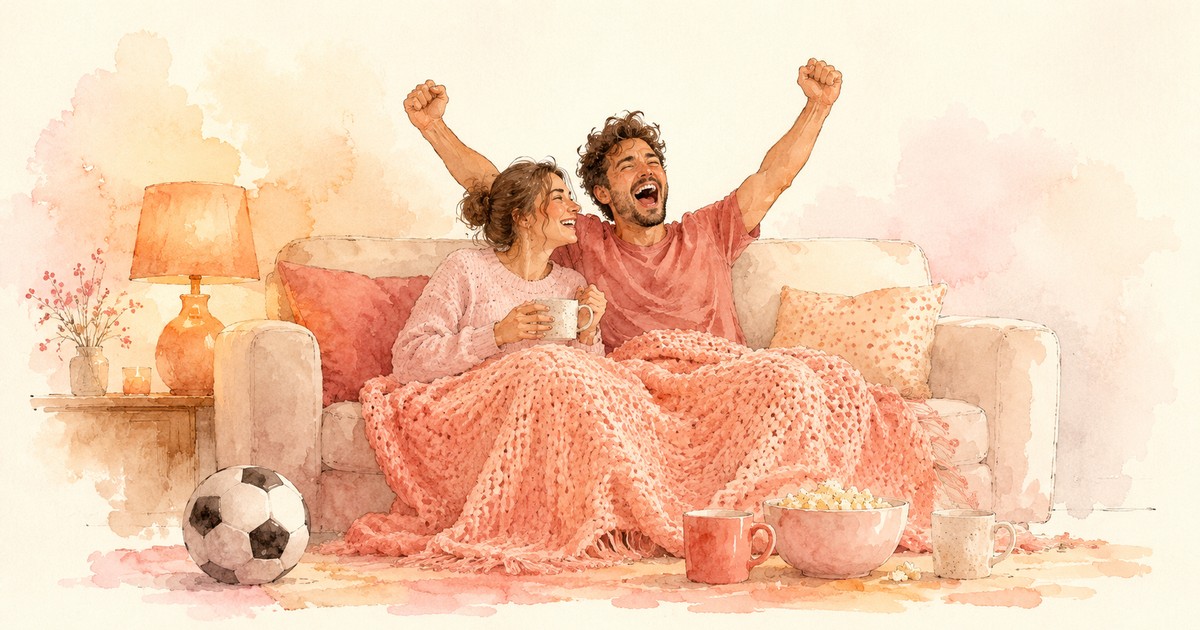World Cup Couples cover — a warm watercolour of a couple on a sofa watching football together, one cheering and one laughing, a soccer ball and two mugs nearby